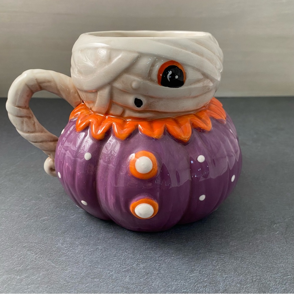 Johanna Parker Purple and Orange Mummy Pumpkin Mug